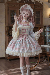 Blue/Pink [Victoria Cake] Square Collar Long Trumpet Sleeves Jacquard Printed Ruffled Bow Lace Sweet Lolita Dress - Product - 2