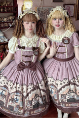 Pink/Purple Short Sleeves Bear Print Bowknot Classic Lolita Dress - Product - 6