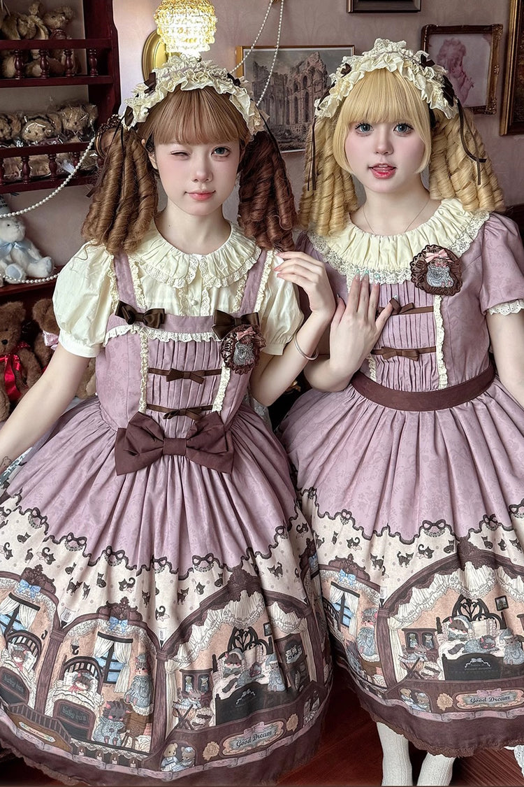Pink/Purple Bear Print Bowknot Classic Lolita JSK Dress - Product - 5