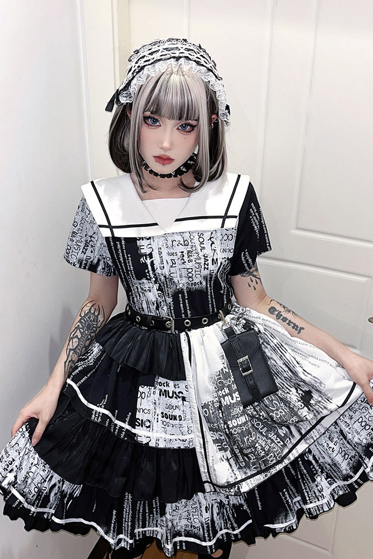 Black Short Sleeves Multi-Layered Print Ruffle Bowknot Asymmetric Punk College Style Lolita Dress - Product - 8