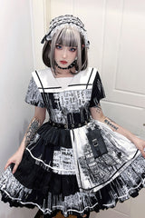 Black Short Sleeves Multi-Layered Print Ruffle Bowknot Asymmetric Punk College Style Lolita Dress - Product - 8
