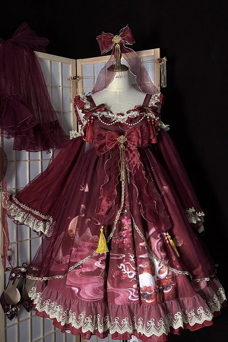 [Nine-tailed fox] Print Ruffle Bowknot Classic Chinese Style Princess Lolita Jsk Dress 2 Colors - Product - 3