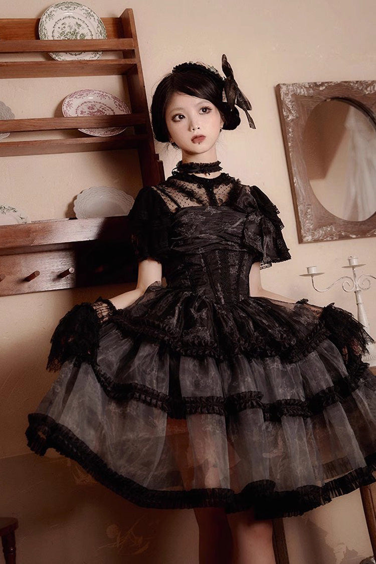 Black Multi-layer Butterfly Print Bowknot Lace Fish Bone Gothic Lolita Jsk Dress - Product - 7
