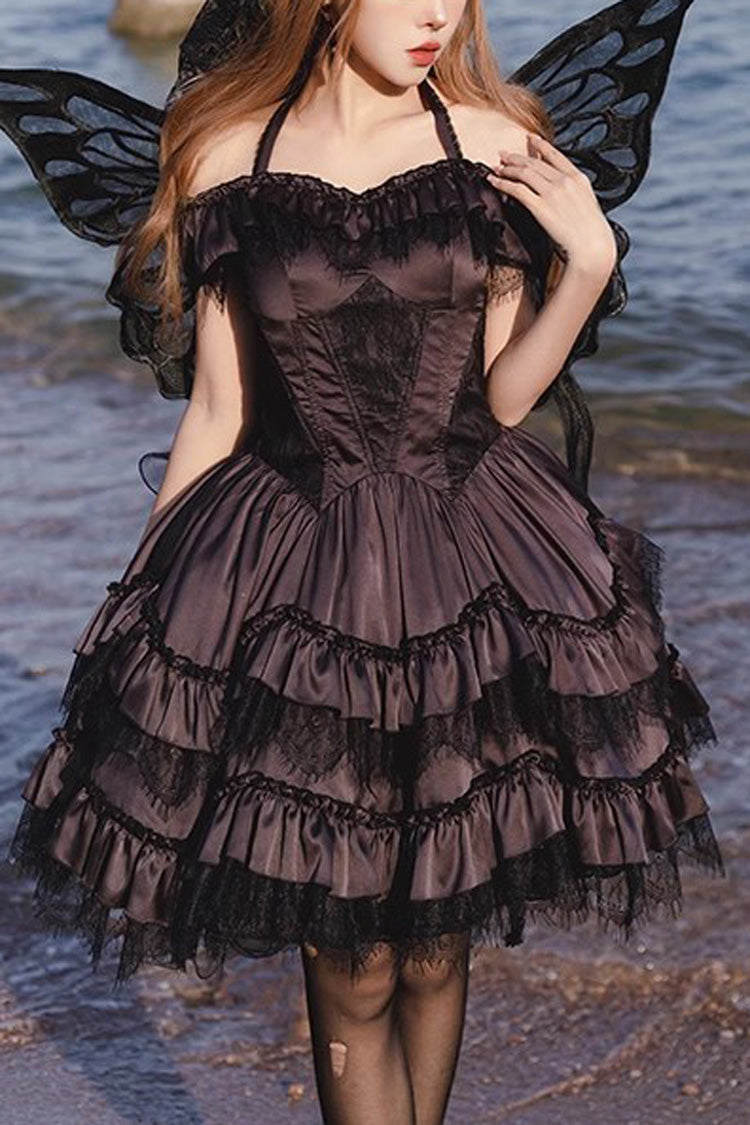 Black/Purple Silent Melody Ballet Style Halter Boat Neck Short Sleeves Gothic Lolita Dress - Black/Purple - 1