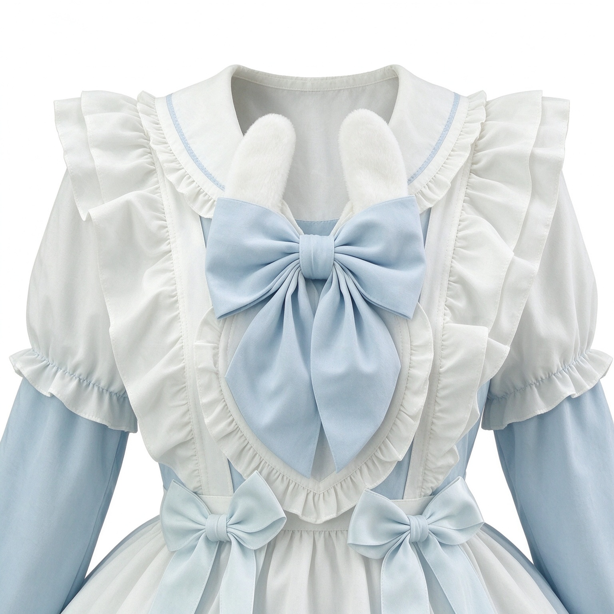 Light Blue and White Ruffled Bunny Maid Lolita Dress with Apron Bow Accent - view 2