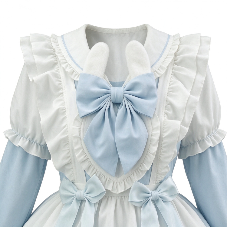 Light Blue and White Ruffled Bunny Maid Lolita Dress with Apron Bow Accent - view 2