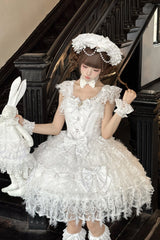 White [Cloudborne Snowfeather] Sleeveless Multi-Layered Hanayome Bowknot Pearl Gothic Lolita Jsk Dress - Product - 3