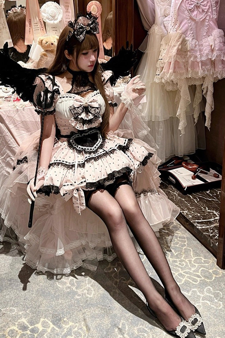 Pink [Apprentice Cupid] Halterneck Short Sleeves Print Ruffle Bowknot Lace Maid Sweet Lolita Dress - Product - 6