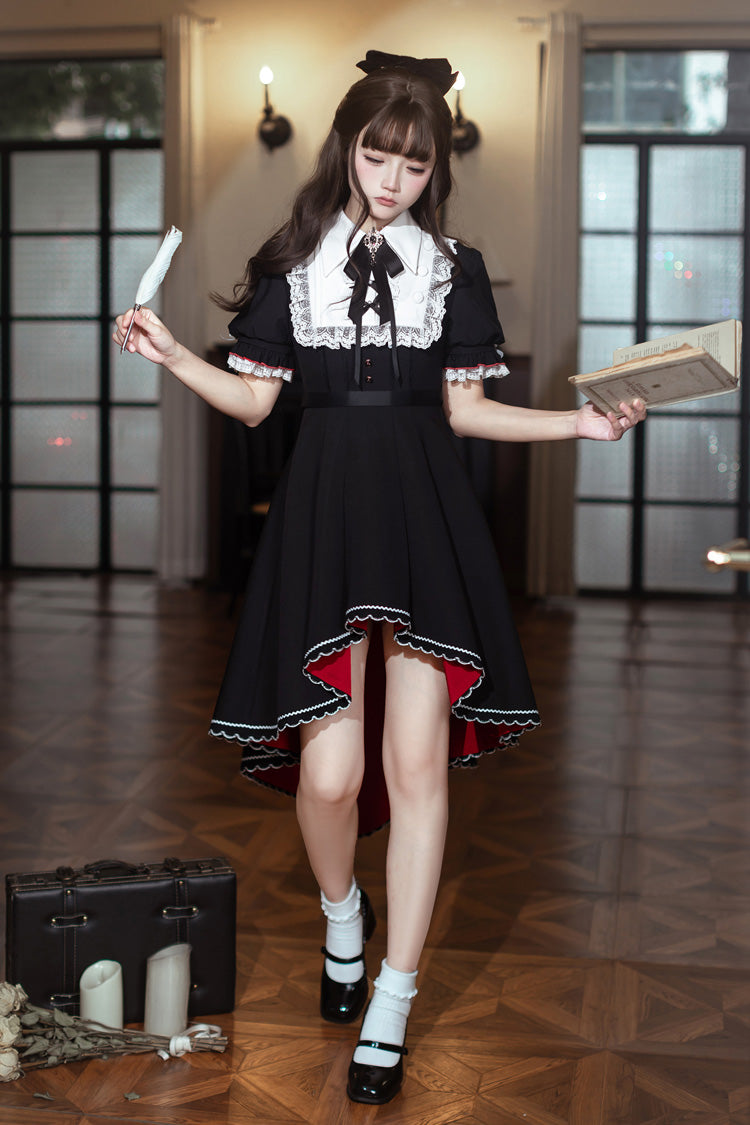 Black/White [Rosalind] Lapel Collar Short Sleeves Bow Lace Gothic Maid Lolita Dress - Product - 6