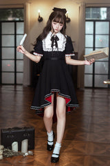 Black/White [Rosalind] Lapel Collar Short Sleeves Bow Lace Gothic Maid Lolita Dress - Product - 6