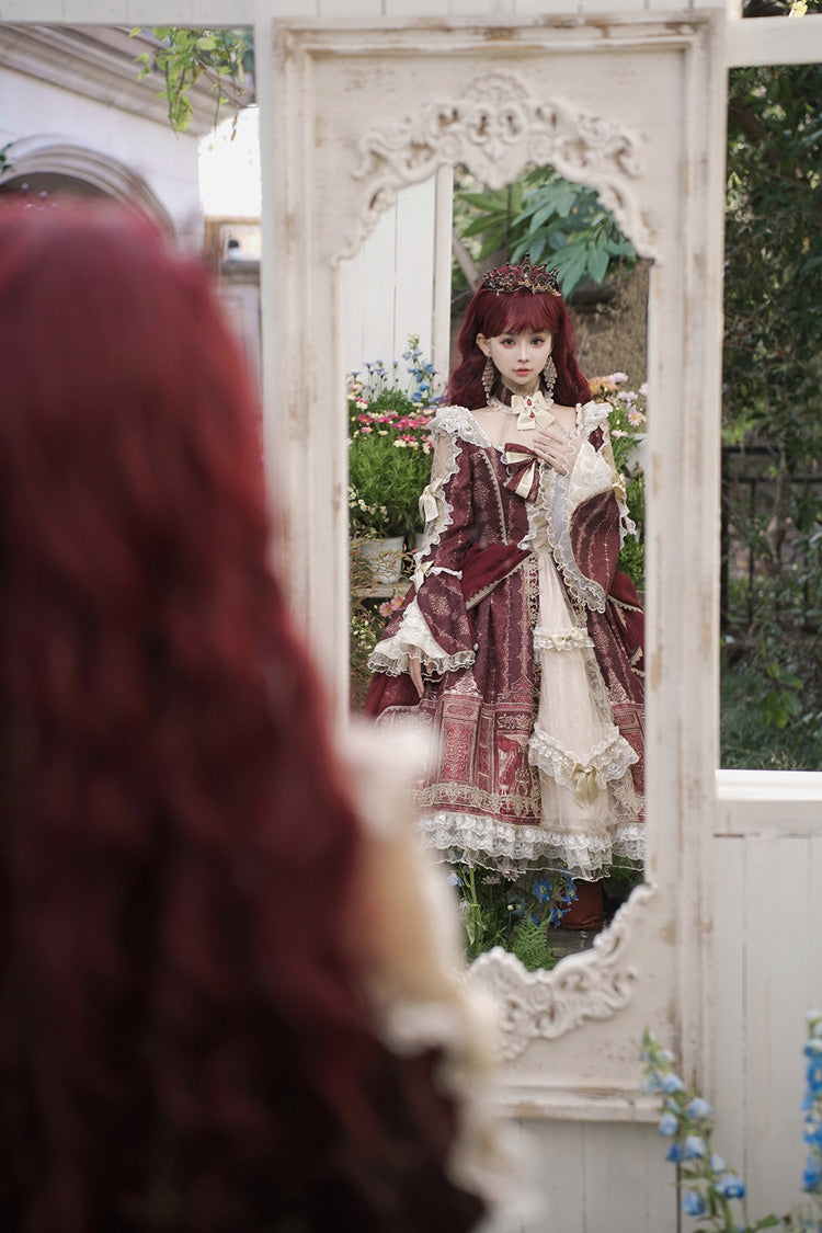 Red Baroque Palace Print Lace Classic Princess Lolita Dress - Product - 10
