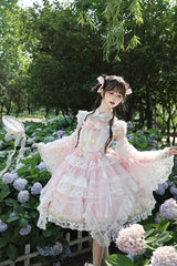 Pink [Spring Entwined with Cherry Clouds] Short Sleeves Embroidered Bow Lace Sweet Chinese Style Lolita Dress - Product - 7