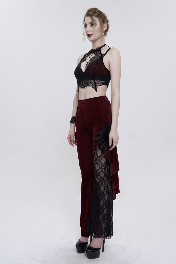 Red Velvet Single Side Stitching Rose Net Side Rope Decoration Asymmetric Pattern Flare Women's Gothic Pants - Product - 6