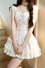 Sweet Square Collar Sleeveless Ruffled Embroidered Bow Lace Boned Lolita Dress 3 Colors (Pink, Green, Blue) - Product - 2