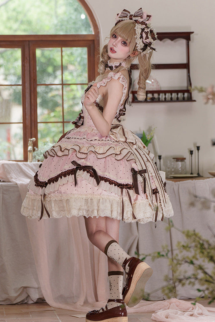 Pink [Shengqiao Tata] Sleeveless Print Ruffle Bowknot Lace-Up Sweet Elegant Lolita Jsk Dress - Product - 17