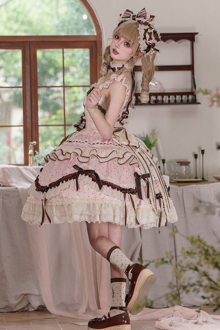 Pink [Shengqiao Tata] Sleeveless Print Ruffle Bowknot Lace-Up Sweet Elegant Lolita Jsk Dress - Product - 17