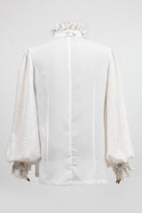 White Stand Collar Retro Button Long Lantern Sleeves Mens Gothic Blouse - Product - 7