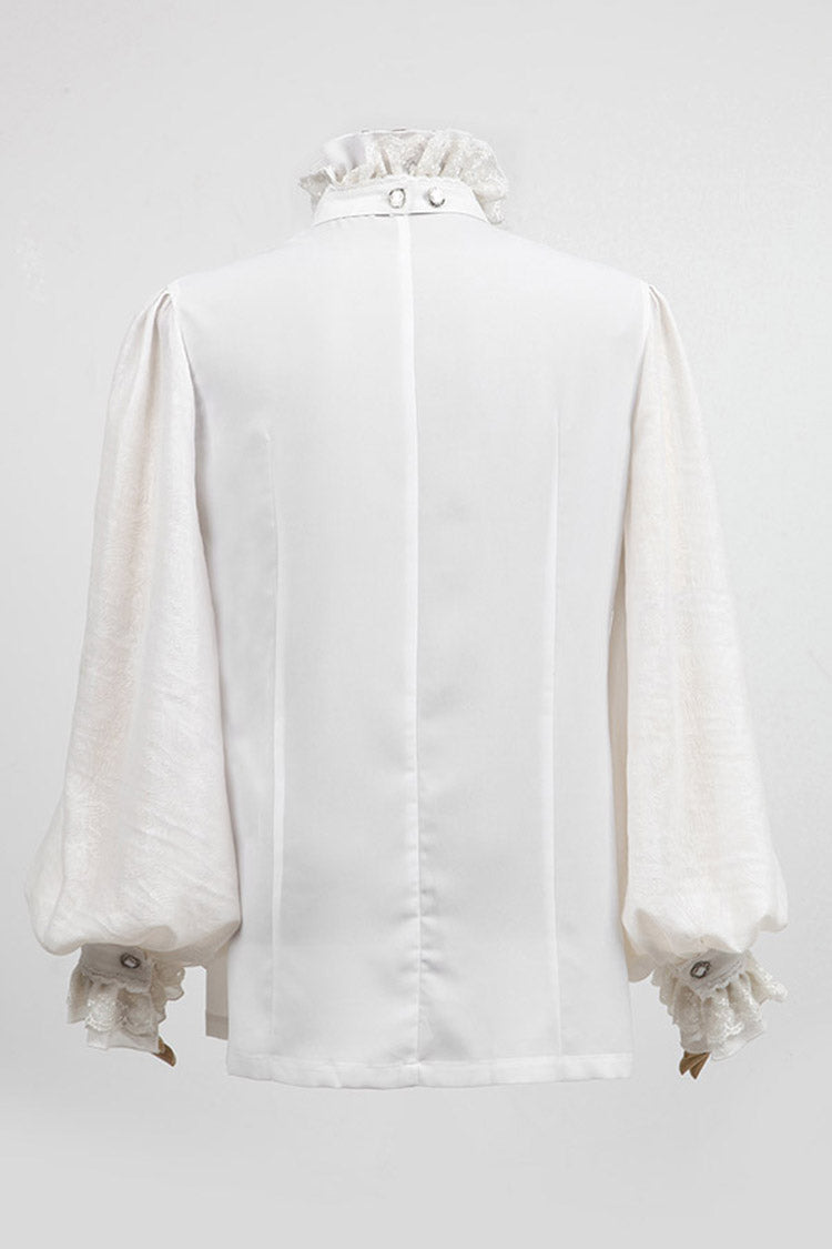 White Stand Collar Retro Button Long Lantern Sleeves Mens Gothic Blouse - Product - 7
