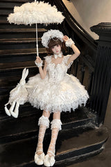 White [Cloudborne Snowfeather] Sleeveless Multi-Layered Hanayome Bowknot Pearl Gothic Lolita Jsk Dress - Product - 5