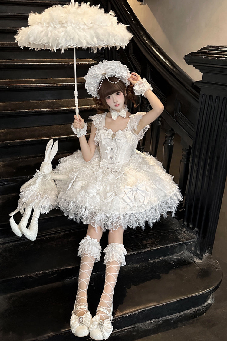 White [Cloudborne Snowfeather] Sleeveless Multi-Layered Hanayome Bowknot Pearl Gothic Lolita Jsk Dress - Product - 5