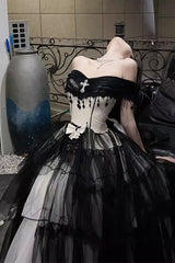 Black/White Ruffle Hanayome Lace Lace-Up Gothic Plus Size Lolita Jsk Dress (Long Version) - Product - 4