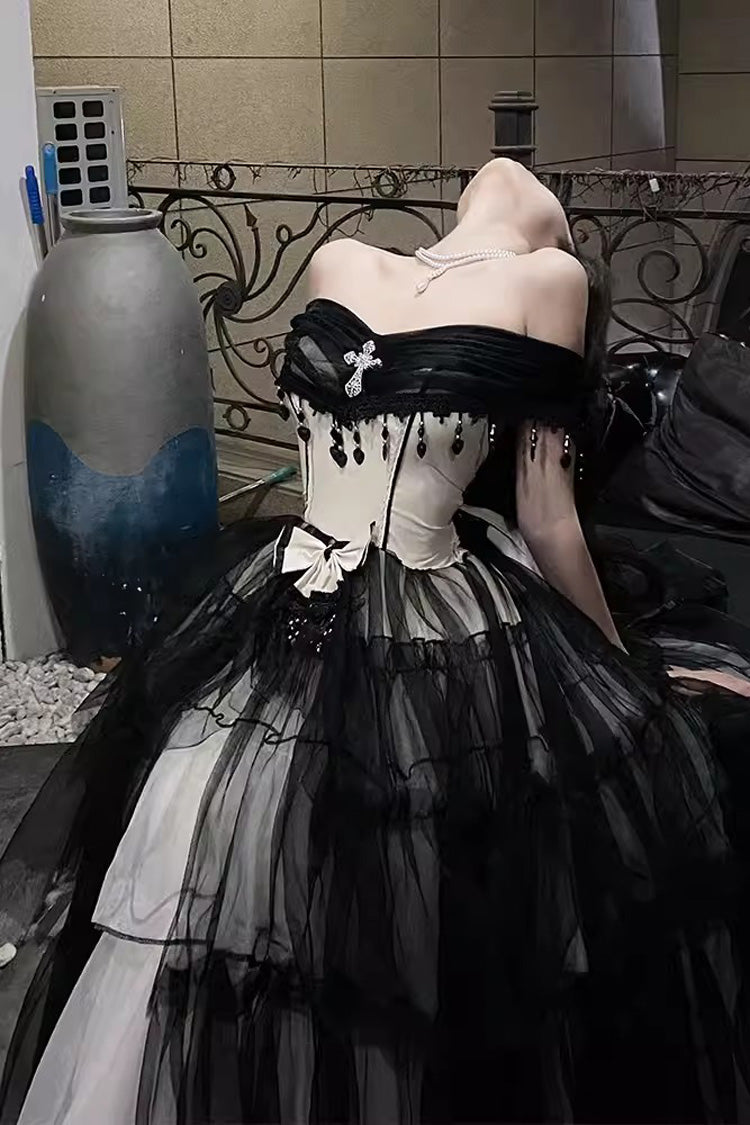 Black/White Ruffle Hanayome Lace Lace-Up Gothic Plus Size Lolita Jsk Dress (Long Version) - Product - 4
