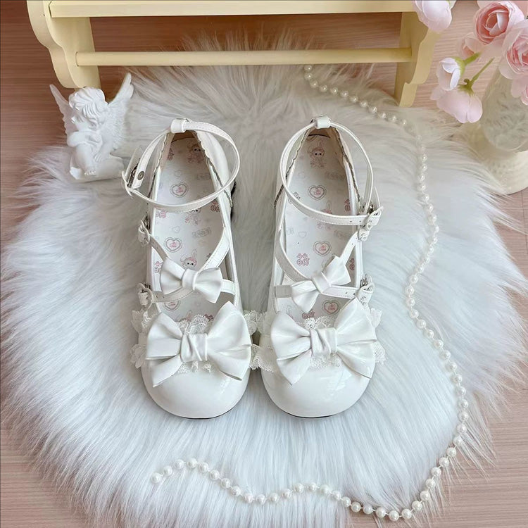Bowknot Cross Bandage Kitten Shaped Special Heel Mid-Heel Shoes 5 Colors - White - 6