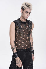 Black Round Collar Sleeveless Cut-Out Mesh Ripped Chain-Decorated Eyelet Men's Punk Cool Vest - Product - 10