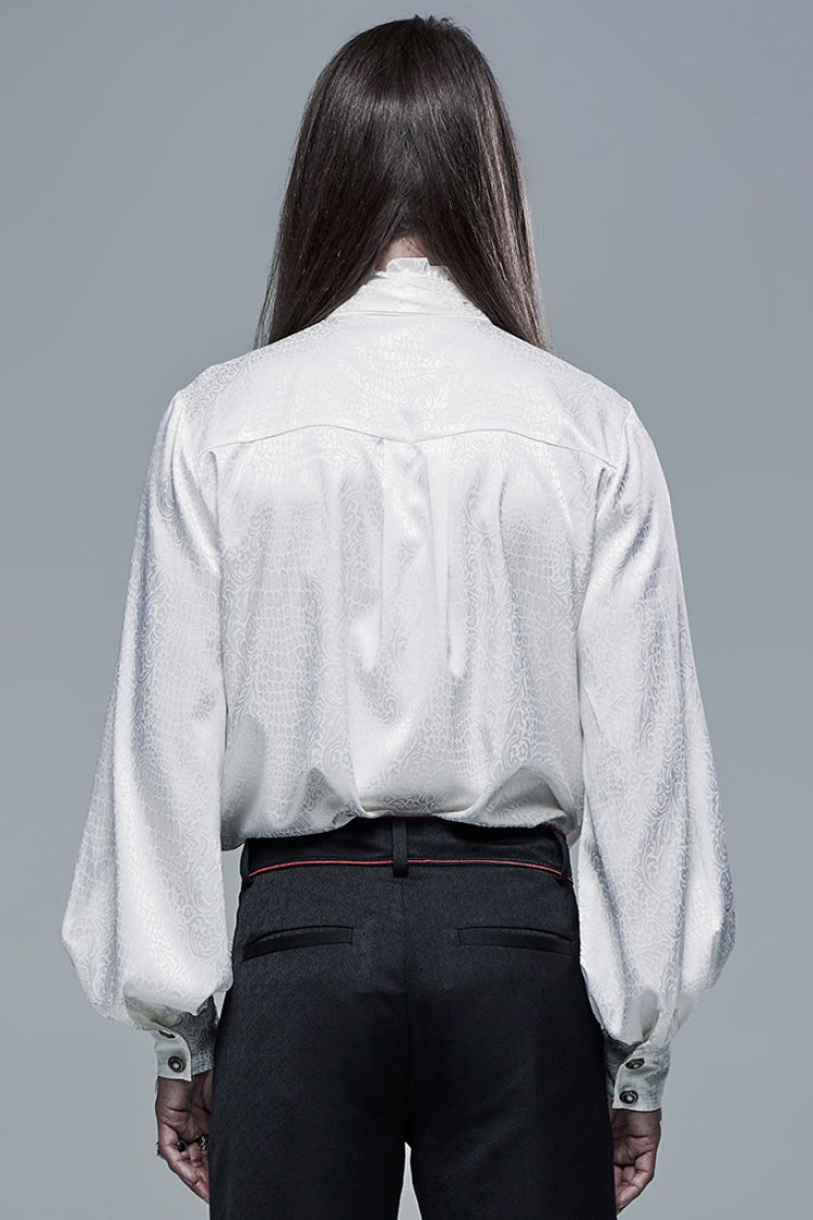 White Gothic Jacquard High Collar Front Chest Flounce Retro Metal Button Lantern Sleeve Men's Shirt - Product - 3