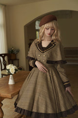 Brown [Baker Street Stories] Stripe Print Ruffle Fake Two Pieces British College Style Classic Lolita Dress - Product - 10