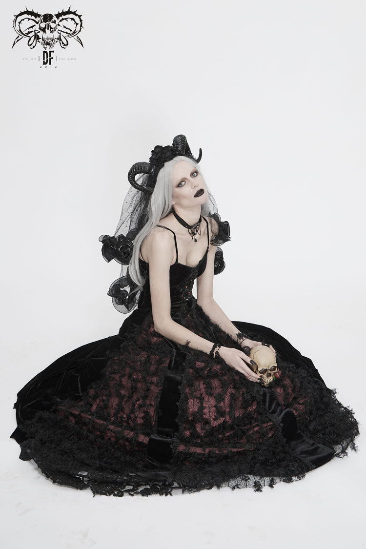 Red Front Chest Decals Dense Velvet Long Women's Gothic Sling Dress - Product - 7