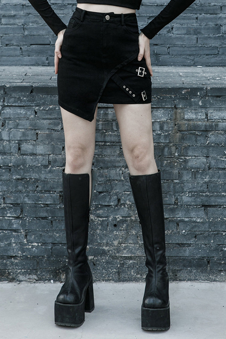 Black Metal Slant Buckle Loop Decoration Irregular Hem Denim Women's Punk Skirt - Black - 1