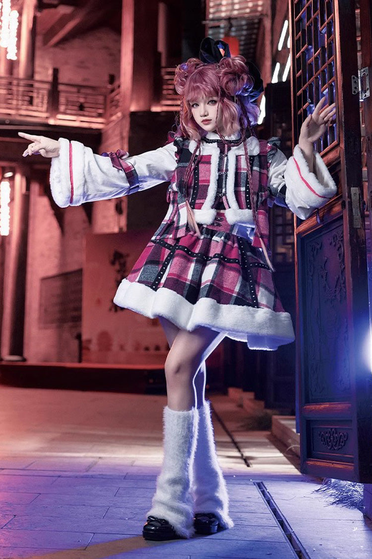 Multi-Color Plaid Print Bowknot Autumn Winter Sweet Chinese Style Lolita Skirt Set - Product - 2
