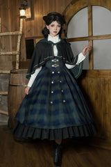 Blue/Green [Berlin's letter] Double-Layered Plaid Print Ruffle Bowknot Classic College Style Lolita Strap Dress Set 2 Versions - Product - 14