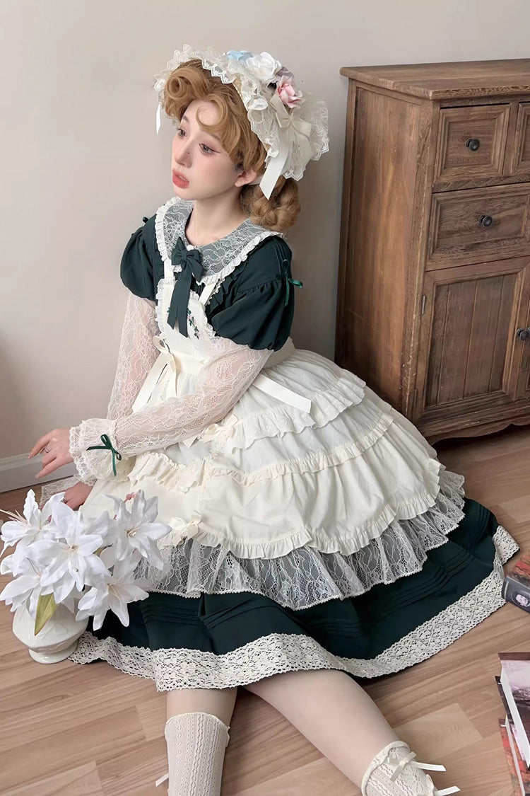 Green [Mist over Flowers Along the Path] Lapel Collar Long Sleeves Embroidery Bowknot Lace Sweet Lolita Dress - Product - 4