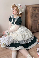 Green [Mist over Flowers Along the Path] Lapel Collar Long Sleeves Embroidery Bowknot Lace Sweet Lolita Dress - Product - 4