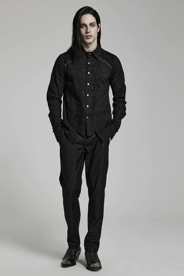 Black Lapel Collar Long Sleeves Lace Mens Daily Gothic Elegant Blouse - Product - 4
