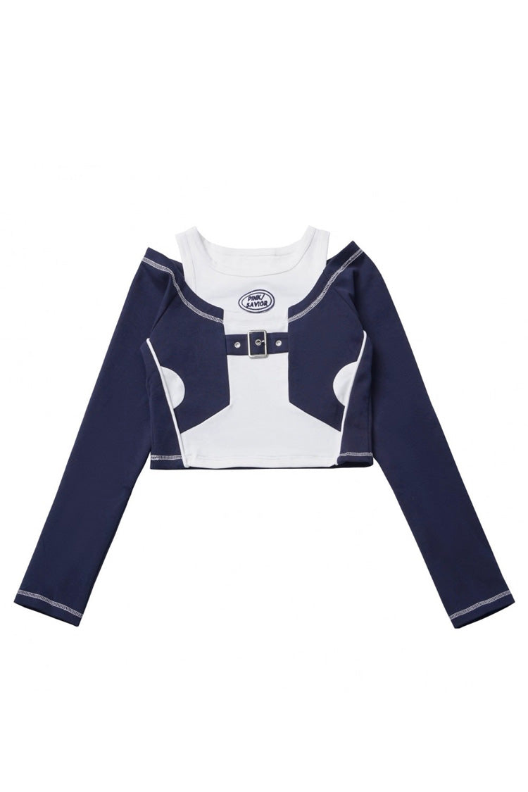 Blue/White [Message Overload] Techwear Long Sleeves Embroidered Asymmetric Jirai Kei Coat Skirt Set - Long-Sleeved-Top - 7