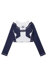 Blue/White [Message Overload] Techwear Long Sleeves Embroidered Asymmetric Jirai Kei Coat Skirt Set - Long-Sleeved-Top - 7