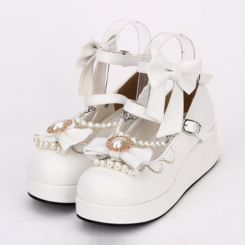 Round toe Bowknot Pearl Chain Classic Lolita Shoes - White - 2