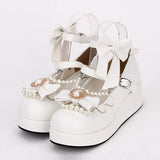 Round toe Bowknot Pearl Chain Classic Lolita Shoes - White - 2