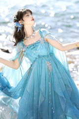 Blue [Ocean Sprite] Gradient Print Irregular Hooded Sweet Lolita Jsk Dress Cloak Set - Product - 2