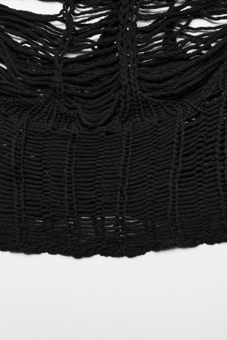 Black Long Sleeves Hollow Sheer Ripped Women's Steampunk Knitted Sweater - Product - 8