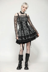 Grey Sleeveless Layered Lace Hem Plaid Women's Punk Party Slip Dress Graduation Dress - Product - 8