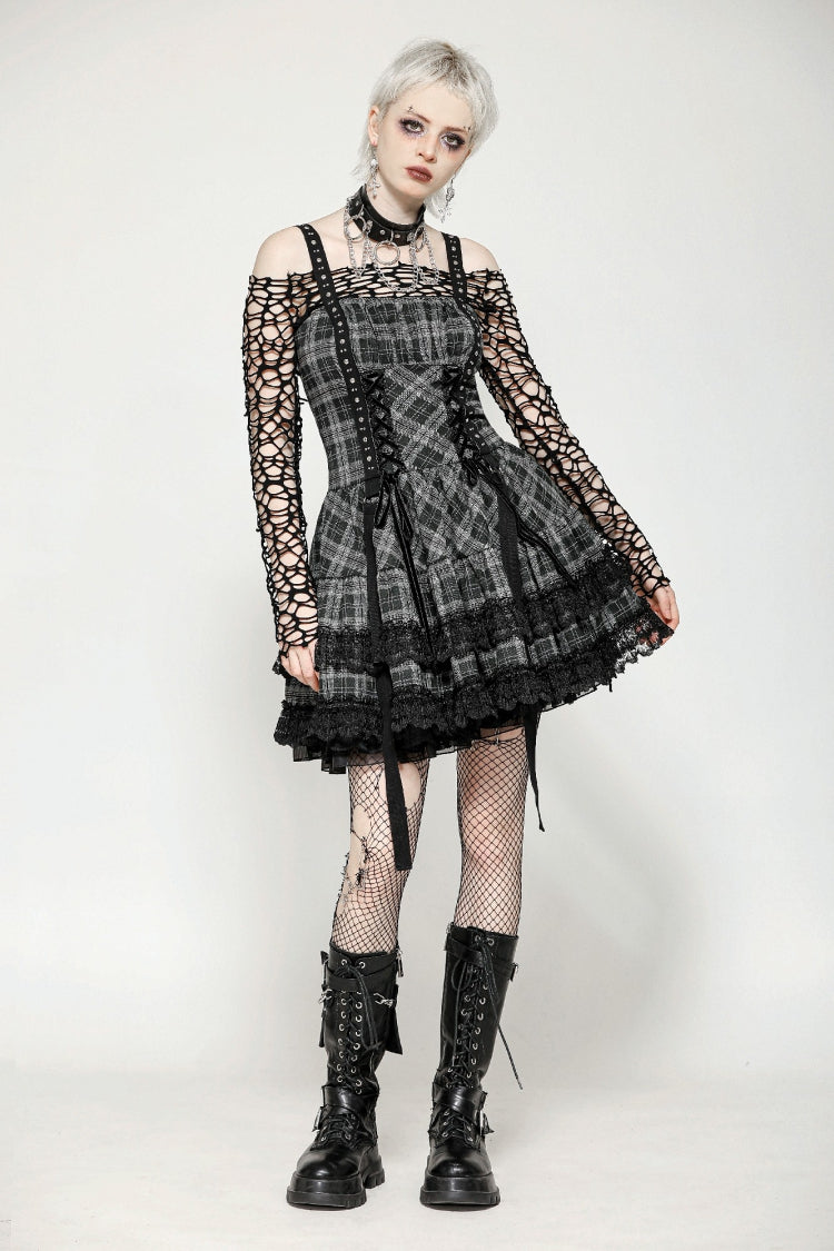 Grey Sleeveless Layered Lace Hem Plaid Women's Punk Party Slip Dress Graduation Dress - Product - 8