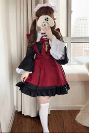 Black/Red Maid Long Trumpet Sleeves Ruffle Bowknot Classic Plus Size Chinese Style Lolita Dress Full Set - Black/Red - 1