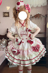 Pink [Sweetheart Strawberry Bunny] Square Collar Short Sleeves Triple-Layered Printed Ruffled Bow Sweet Lolita Dress - Pink - 1