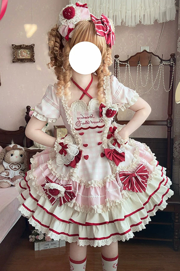 Pink [Sweetheart Strawberry Bunny] Square Collar Short Sleeves Triple-Layered Printed Ruffled Bow Sweet Lolita Dress - Pink - 1