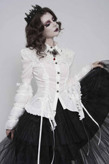 White Lapel Collar Long Trumpet Sleeves Lace Lace-Up Slim Women's Gothic Blouse - Product - 5