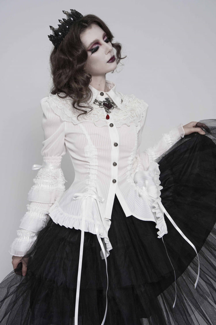 White Lapel Collar Long Trumpet Sleeves Lace Lace-Up Slim Women's Gothic Blouse - Product - 5